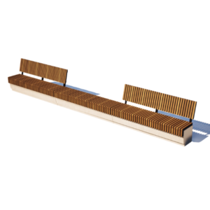 Ławka betonowa z drewnianym siedziskiem i oparciem. Trwała konstrukcja do przestrzeni publicznych – parków, skwerów i osiedli. Możliwość personalizacji drewna i kolorystyki betonu. Model 3D dostępny dla projektantów.